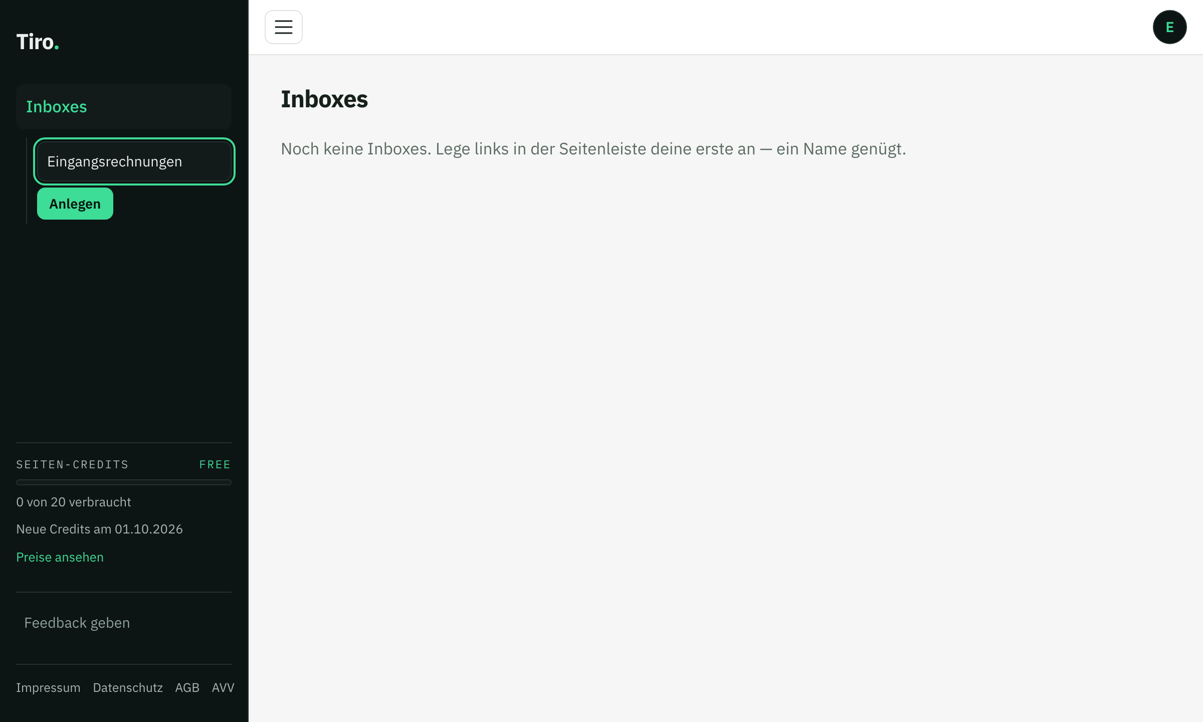 Seitenleiste der App: eine neue Inbox „Eingangsrechnungen“ wird nur mit ihrem Namen angelegt.