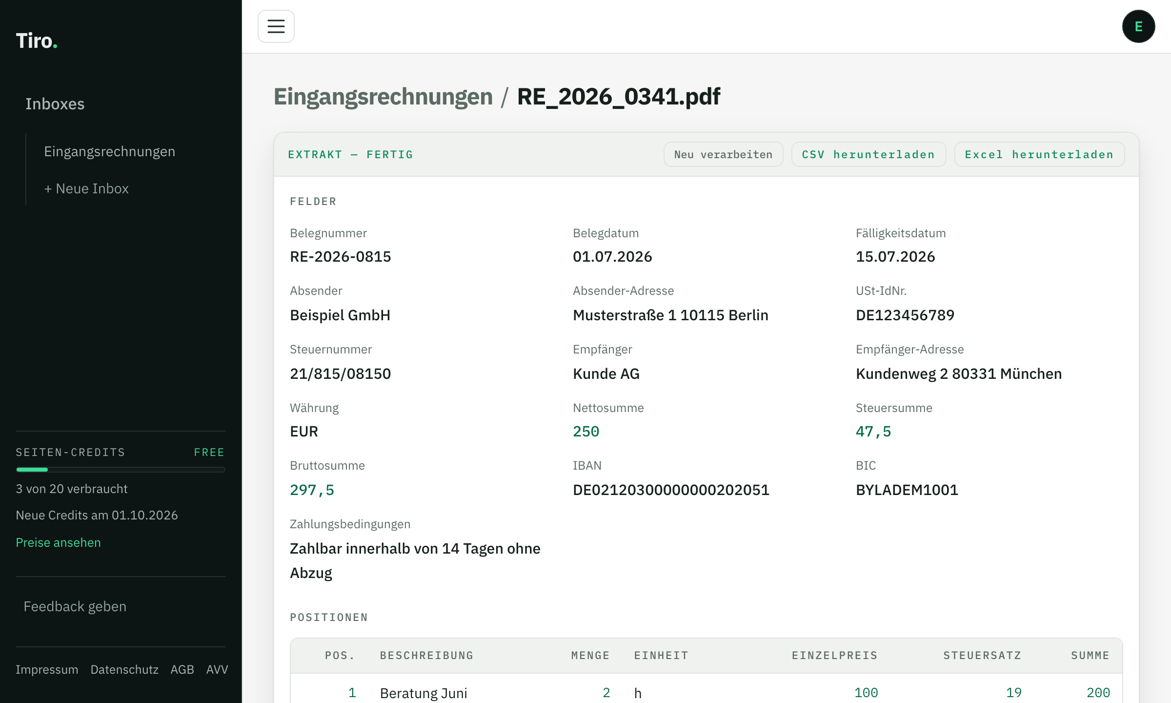 Ergebnis eines Dokuments: ausgelesene Felder und Positionen mit Download als CSV oder Excel.