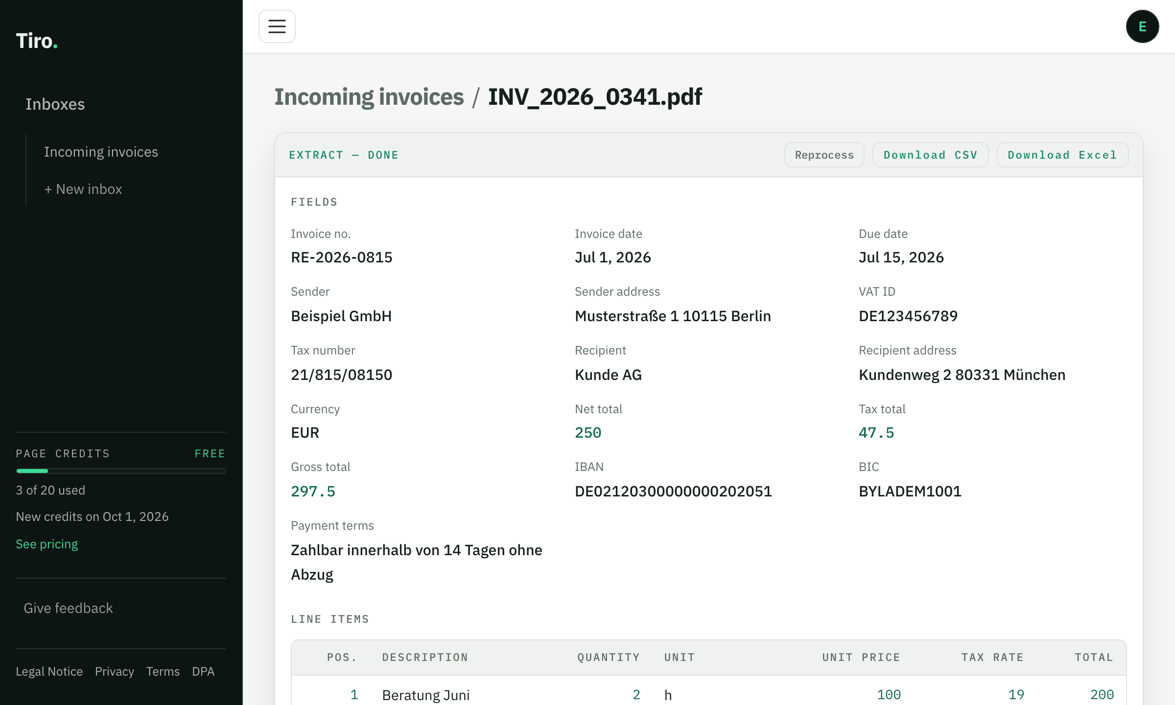 Result of one document: extracted fields and line items with download as CSV or Excel.