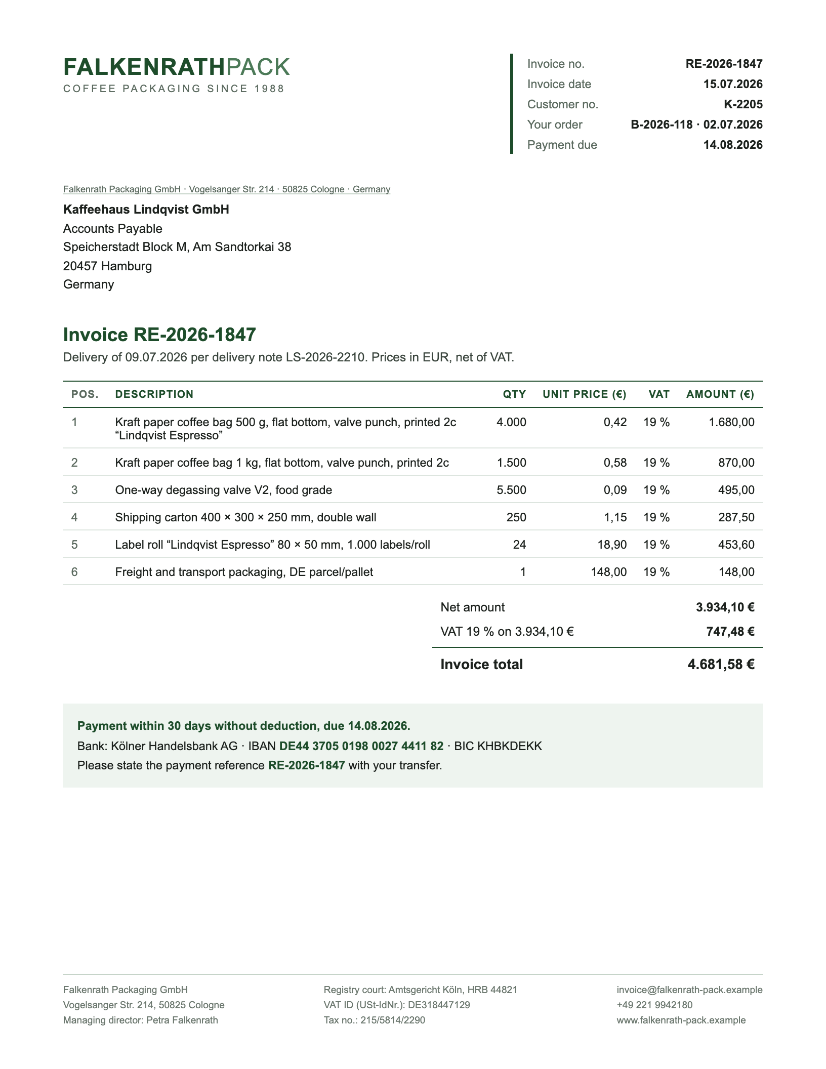 Rechnung der fiktiven Falkenrath Packaging GmbH aus Köln mit deutschem Zahlen- und Datumsformat, USt-IdNr., IBAN, Zahlungsreferenz und sechs Positionen zu 19 % USt.