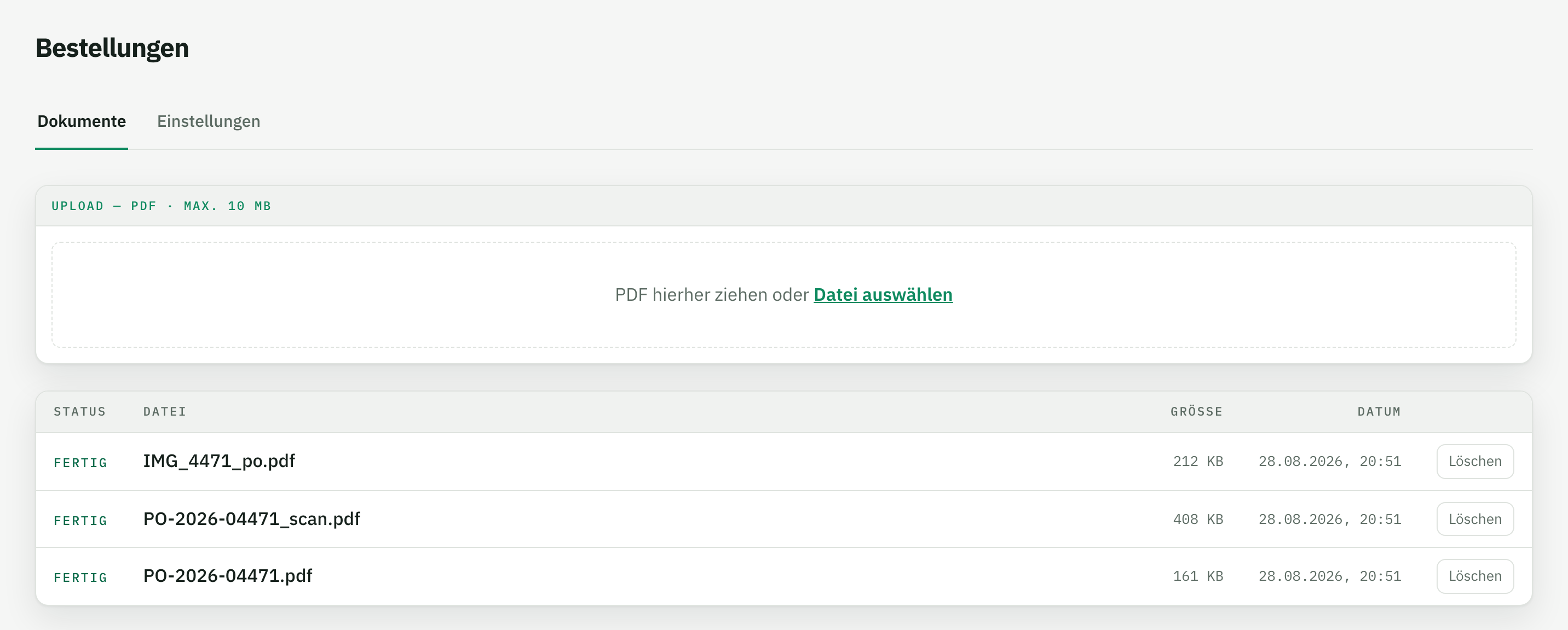 Die Inbox „Bestellungen“ in Tiro mit den drei verarbeiteten Dateien – digitales PDF, Scan und Foto – alle mit Status „fertig“