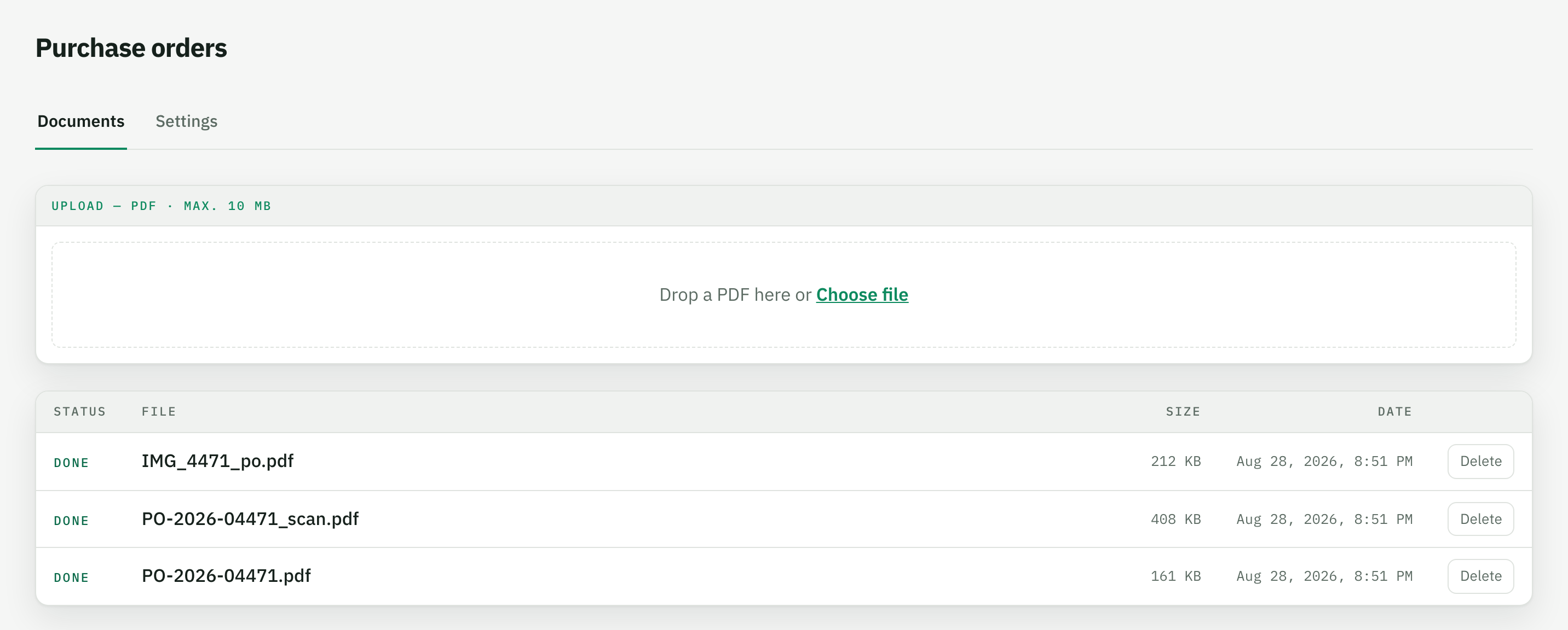 The “Purchase orders” inbox in Tiro with the three processed files – digital PDF, scan and photo – all with status “done”
